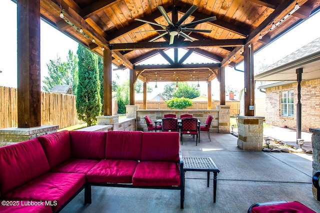 8 W Canyonview Dr, Ransom Canyon, TX 79366 - view of patio featuring an outdoor hangout area, a gazebo, outdoor dining space, and ceiling fan