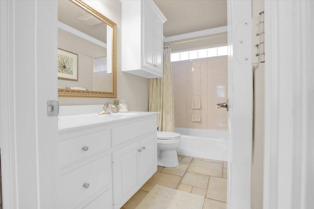 full bathroom featuring vanity, shower / tub combo, ornamental molding, and toilet