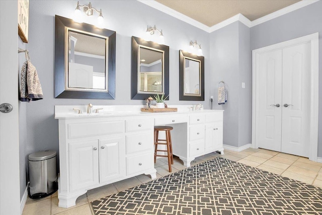 bathroom featuring vanity, crown molding, tile patterned floors, and toilet