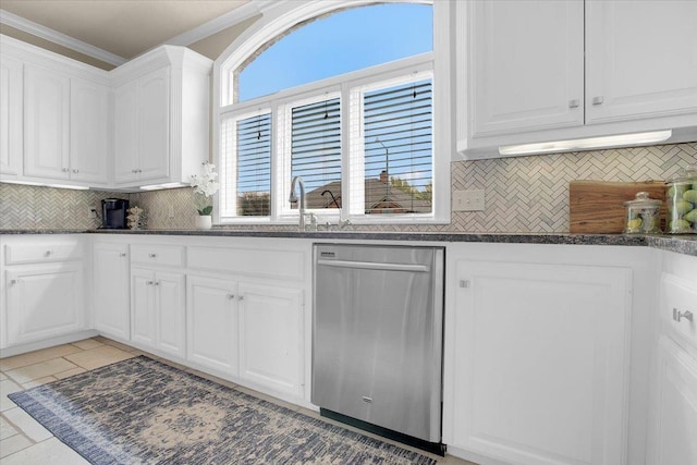 kitchen with sink, ornamental molding, dishwasher, white cabinets, and backsplash