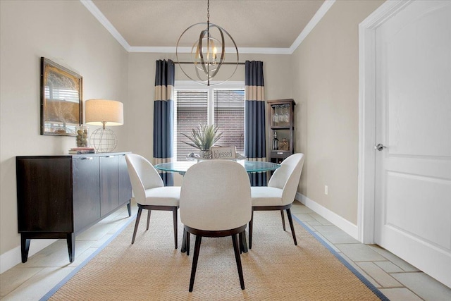 dining space featuring an inviting chandelier and crown molding