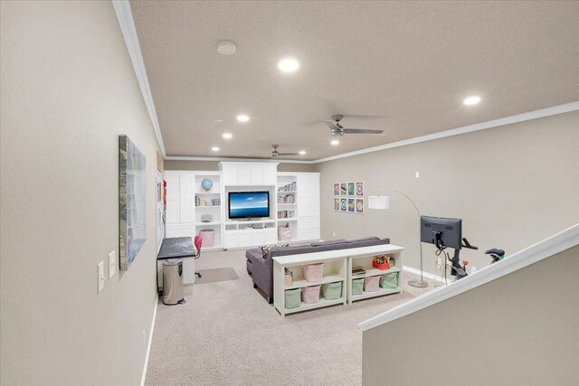 living room with light carpet, a textured ceiling, ornamental molding, and ceiling fan