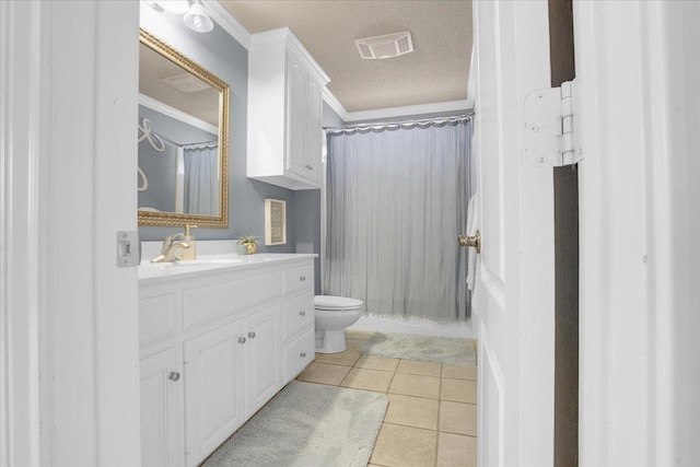 bathroom with toilet, ornamental molding, vanity, a shower with shower curtain, and tile patterned flooring