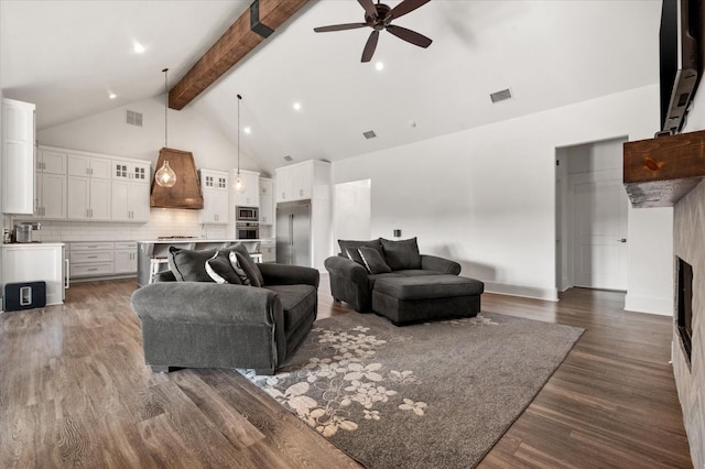 living room featuring beamed ceiling, ceiling fan, dark wood-type flooring, and high vaulted ceiling