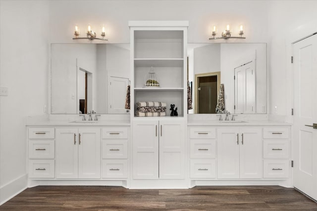 bathroom with vanity and hardwood / wood-style floors