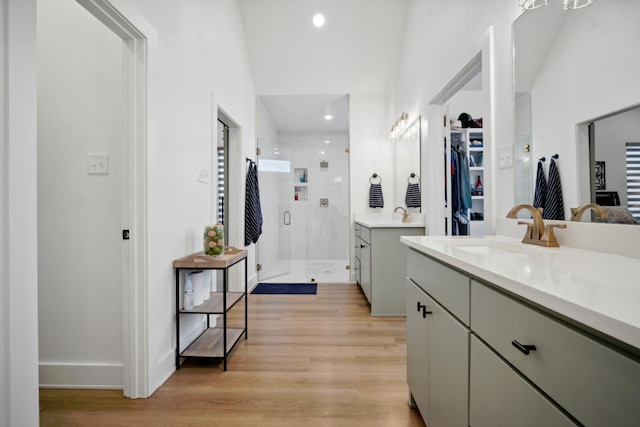 bathroom with wood-type flooring, an enclosed shower, and vanity