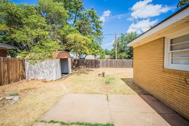 view of yard with a patio area and a shed