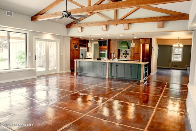 5412 20th St, Lubbock, TX 79407 - unfurnished living room with baseboards, beamed ceiling, ceiling fan, high vaulted ceiling, and a sink