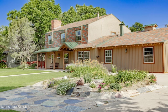 5412 20th St, Lubbock, TX 79407 - view of front of property featuring a chimney, a front yard, board and batten siding, covered porch, and roof with shingles