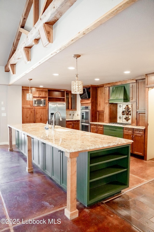 5412 20th St, Lubbock, TX 79407 - kitchen featuring open shelves, premium range hood, stainless steel appliances, a large island, and recessed lighting
