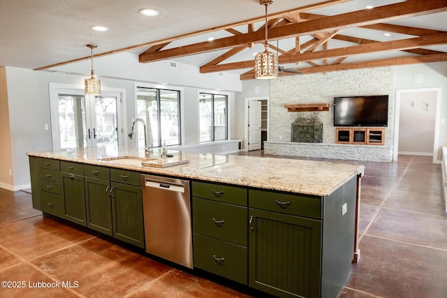 5412 20th St, Lubbock, TX 79407 - kitchen featuring green cabinets, stainless steel dishwasher, healthy amount of natural light, open floor plan, and recessed lighting