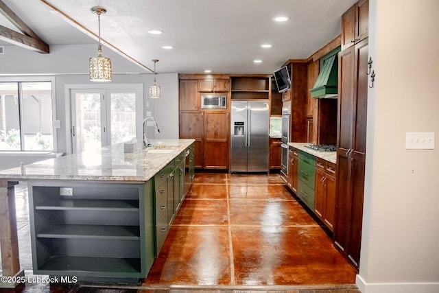 5412 20th St, Lubbock, TX 79407 - kitchen with open shelves, appliances with stainless steel finishes, a sink, beverage cooler, and green cabinetry
