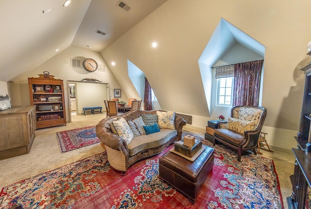 carpeted living room featuring vaulted ceiling