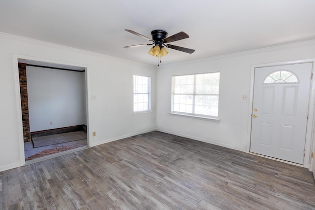 entrance foyer with ornamental molding, light hardwood / wood-style floors, and ceiling fan