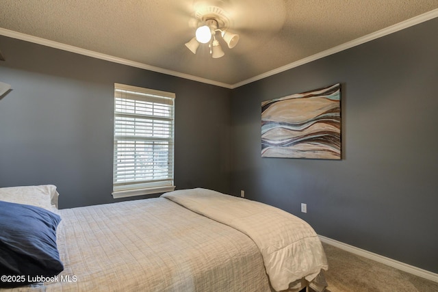 5516 101st Pl, Lubbock, TX 79424 - carpeted bedroom with a textured ceiling, ornamental molding, baseboards, and a ceiling fan