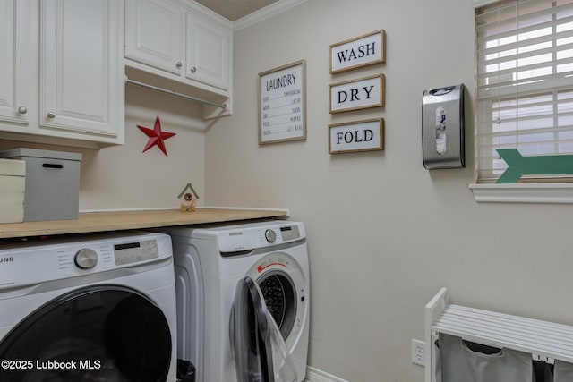 5516 101st Pl, Lubbock, TX 79424 - laundry room featuring washing machine and dryer, cabinet space, and crown molding