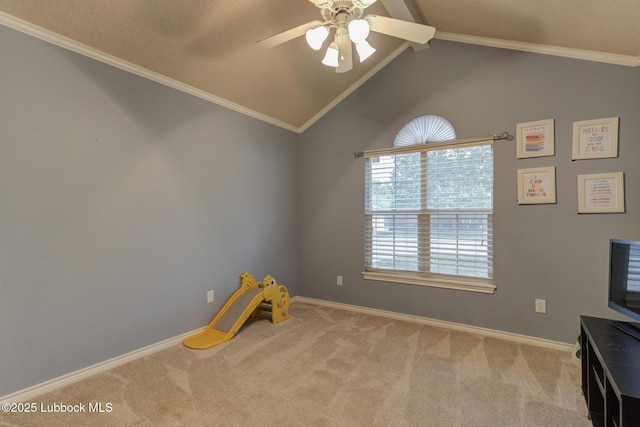 5516 101st Pl, Lubbock, TX 79424 - game room featuring carpet flooring, lofted ceiling, a ceiling fan, baseboards, and ornamental molding