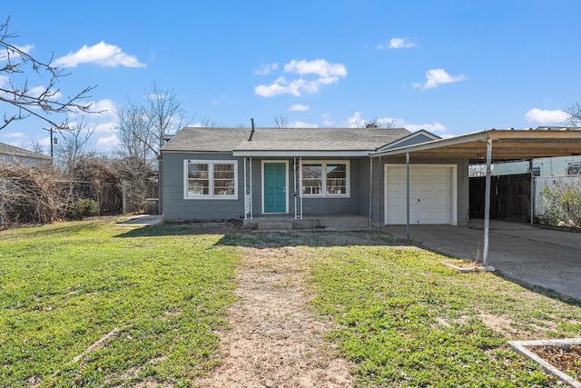 view of front of property with a garage, a front lawn, and a carport