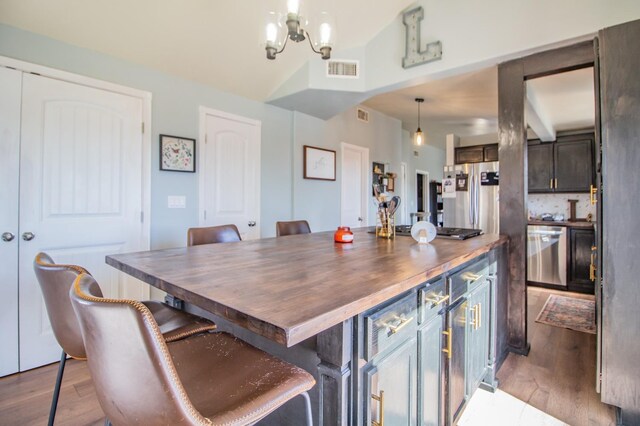 kitchen featuring butcher block counters, a breakfast bar area, a kitchen island, pendant lighting, and stainless steel appliances