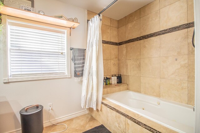 bathroom with tile patterned flooring and shower / bath combination with curtain