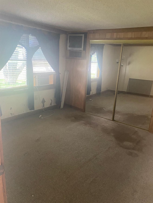 interior space featuring a closet, a textured ceiling, and carpet