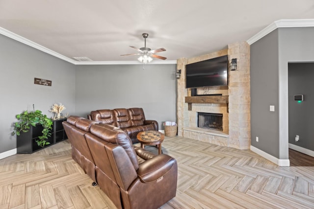 living room featuring light parquet floors, crown molding, and a stone fireplace