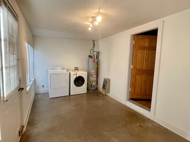 laundry room featuring heating unit, washing machine and clothes dryer, and water heater