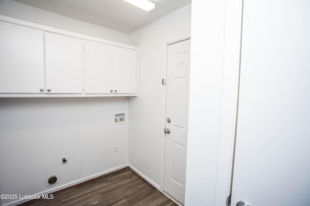4638 Fordham St, Lubbock, TX 79416 - laundry area featuring dark wood-type flooring, cabinet space, hookup for an electric dryer, and washer hookup