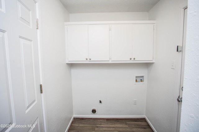 4638 Fordham St, Lubbock, TX 79416 - laundry room with electric dryer hookup, cabinet space, washer hookup, and dark wood-style floors
