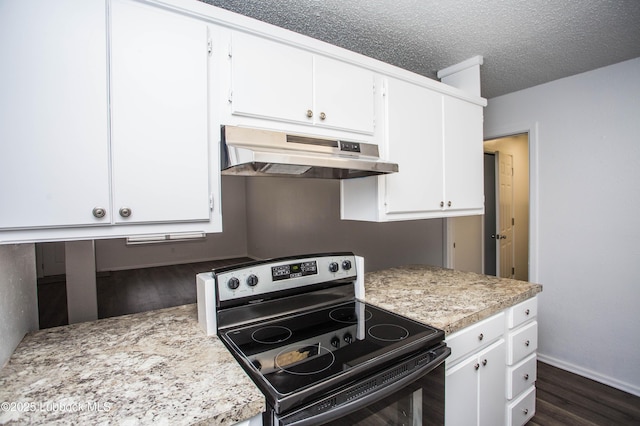 4638 Fordham St, Lubbock, TX 79416 - kitchen with electric stove, under cabinet range hood, light countertops, dark wood-style floors, and white cabinetry