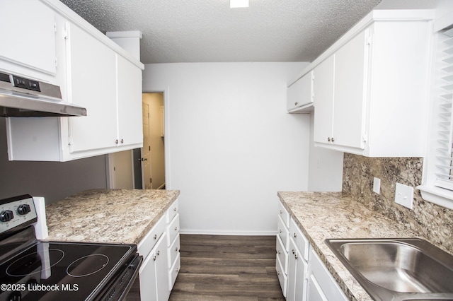 4638 Fordham St, Lubbock, TX 79416 - kitchen with stainless steel electric range oven, under cabinet range hood, dark wood-type flooring, white cabinets, and light countertops
