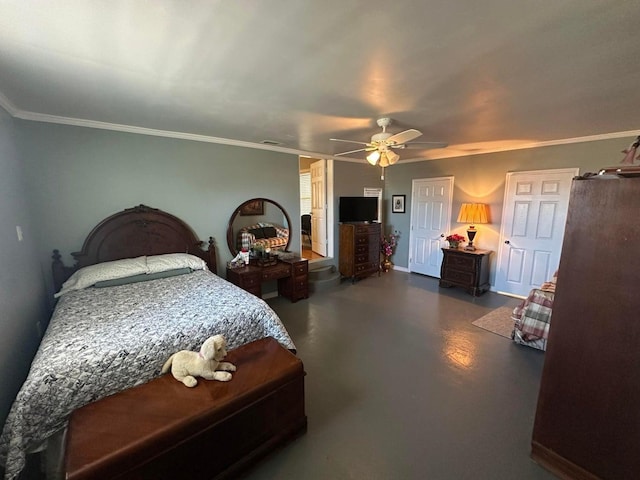 bedroom featuring ornamental molding and ceiling fan