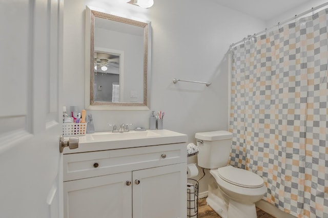 bathroom featuring vanity, a shower with shower curtain, and toilet