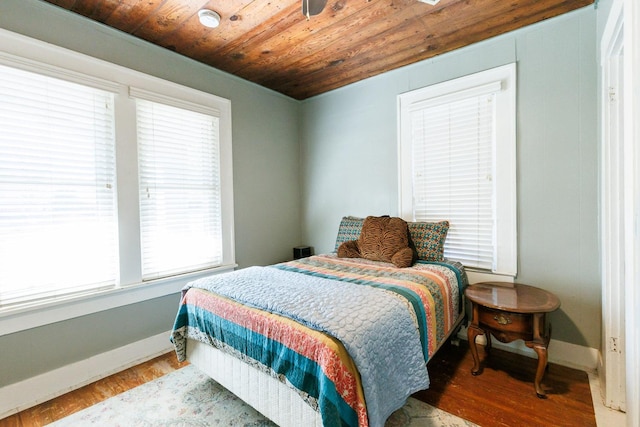 bedroom featuring wood-type flooring and wood ceiling