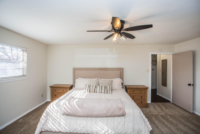 carpeted bedroom featuring ceiling fan