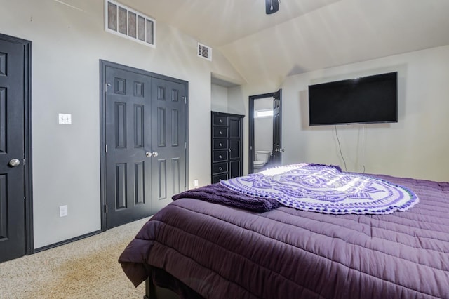 bedroom with lofted ceiling and a closet