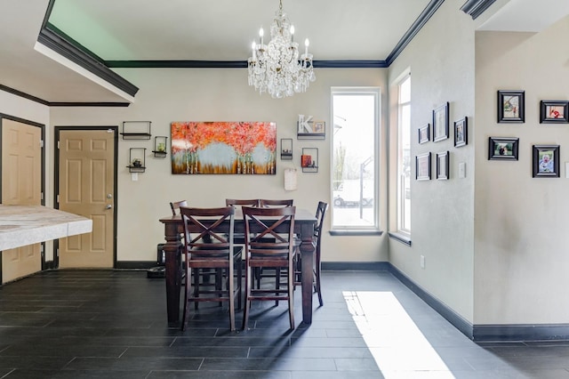 dining area featuring dark wood-type flooring, ornamental molding, and a chandelier