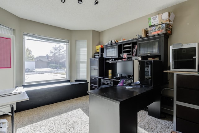 office with carpet and a textured ceiling