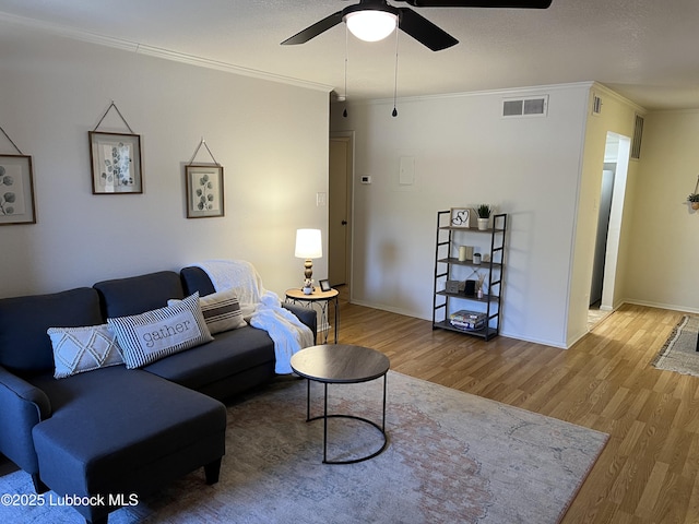 8601 Memphis Dr Unit B-40, Lubbock, TX 79423 - living room with wood finished floors, ornamental molding, a ceiling fan, and baseboards