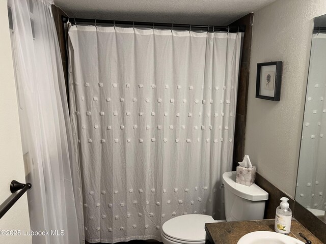 8601 Memphis Dr Unit B-40, Lubbock, TX 79423 - bathroom with toilet, vanity, a textured wall, and curtained shower