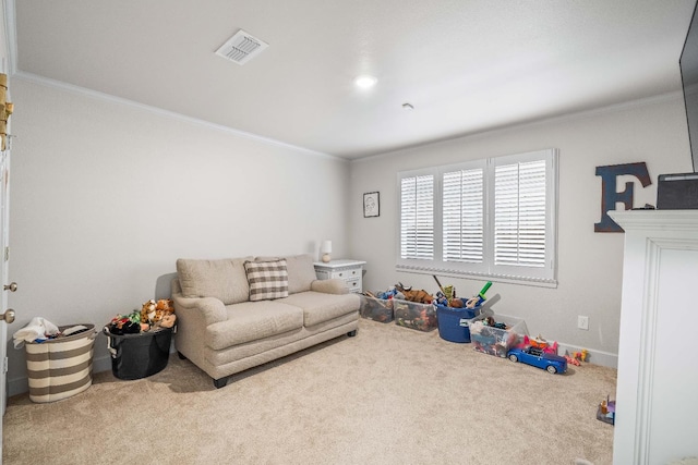 game room with ornamental molding and carpet