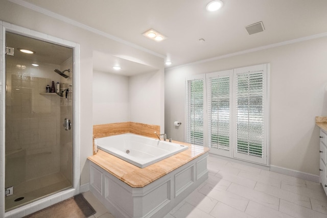 bathroom with crown molding, vanity, and plus walk in shower