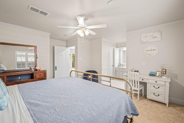 carpeted bedroom with crown molding and ceiling fan