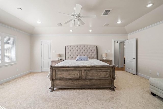 bedroom with lofted ceiling, light carpet, ornamental molding, and ceiling fan