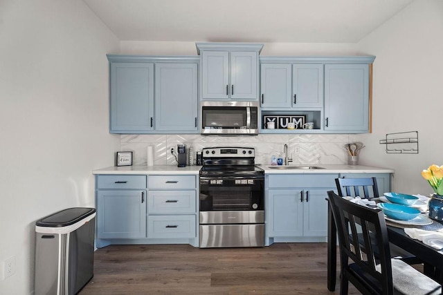 kitchen with sink, backsplash, dark wood-type flooring, and stainless steel appliances