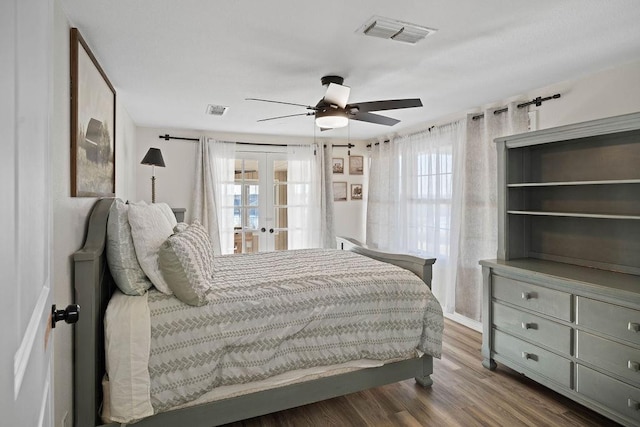 bedroom featuring hardwood / wood-style flooring, french doors, and ceiling fan