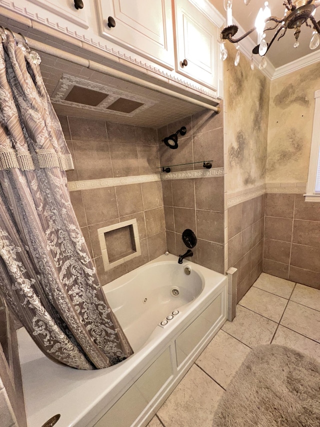 full bathroom featuring a combined bath / shower with jetted tub, crown molding, and tile walls