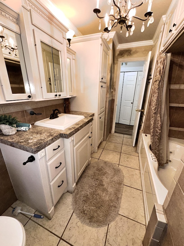 bathroom with tasteful backsplash, ornamental molding, shower / bath combination with curtain, vanity, and a closet