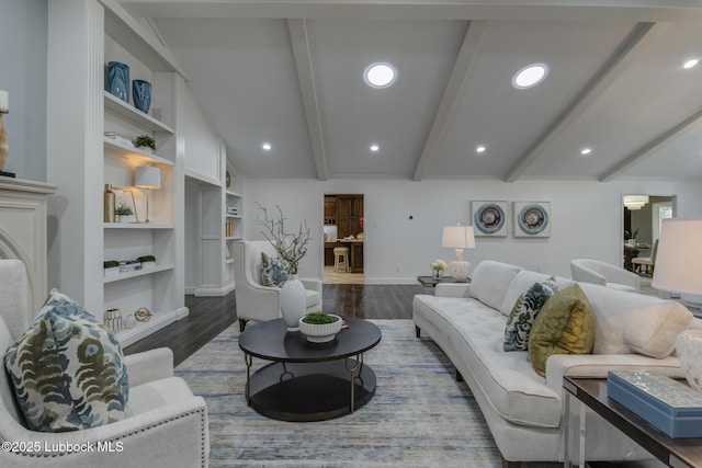 4517 9th St, Lubbock, TX 79416 - living area with beam ceiling, dark wood-style floors, baseboards, recessed lighting, and built in shelves