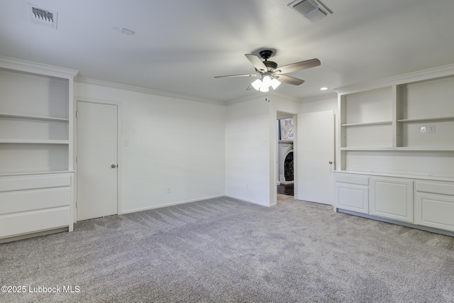 4517 9th St, Lubbock, TX 79416 - unfurnished living room featuring a ceiling fan, light carpet, ornamental molding, baseboards, and recessed lighting